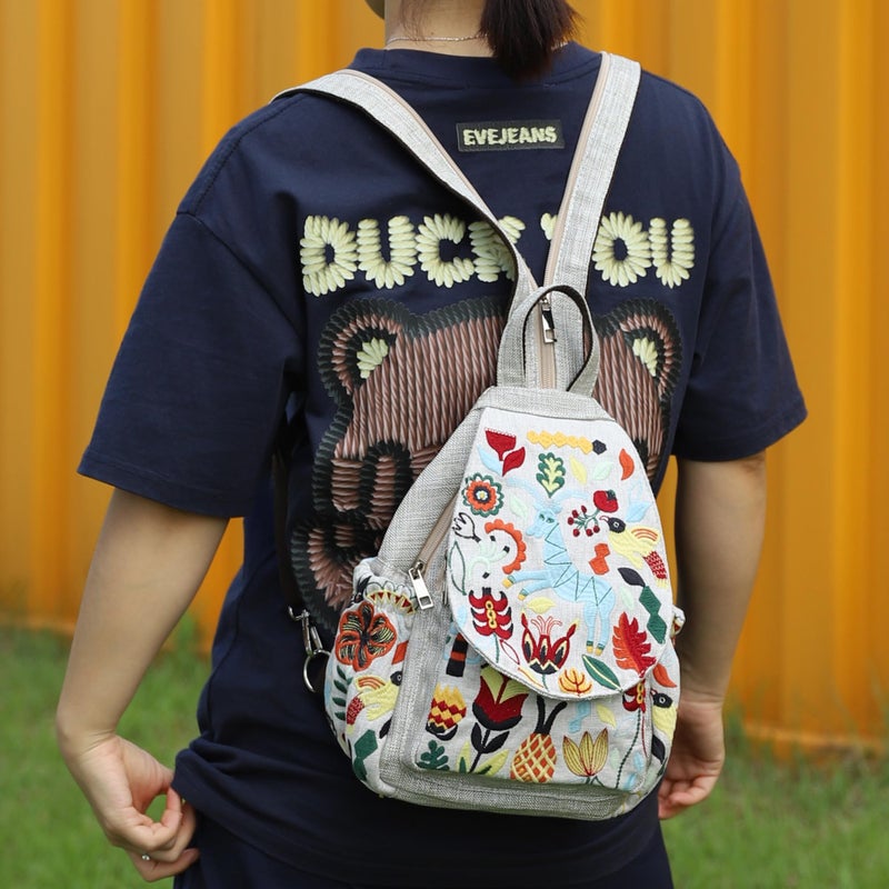SILKAREA Vintage Embroidered Floral Ethnic Backpack for Women Handbag Shoulder Bag Mini Travel Purse (Embroidered White) - Image 2