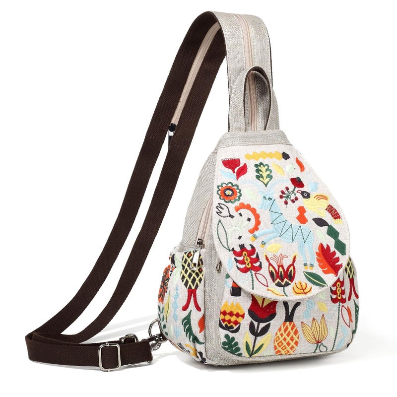 SILKAREA Vintage Embroidered Floral Ethnic Backpack for Women Handbag Shoulder Bag Mini Travel Purse (Embroidered White) - Image 1