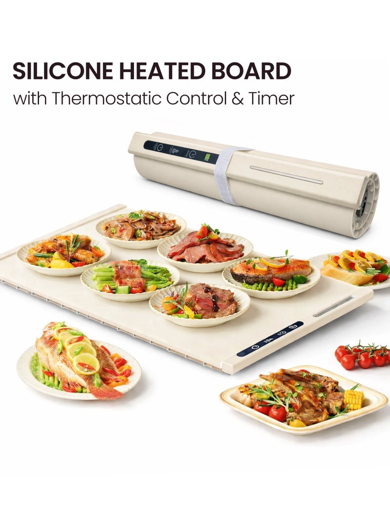 Toshionics Electric Warming Tray Foldable Silicone Food Warmer Mat with Adjustable Temperature & Timer (65x40cm, 250W) Large Buffet Food Heating Pad for Dining Table & Countertop, White - Image 1