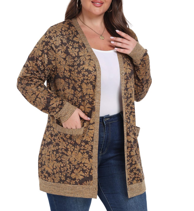 OLRIK Plus Size Sweater Casual Work Cardigan for Women Plus Size Outfits for Women 2024 Cosmos Khaki-2X - Image 2