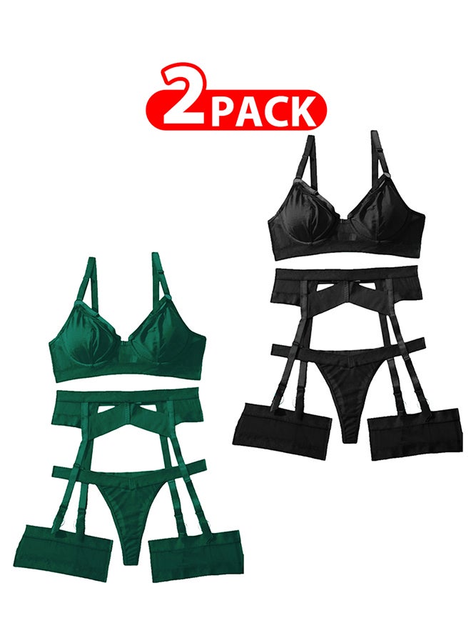 MARGOUN 2 Pack Large Size Women Sheer Mesh Garter Lingerie Set Strappy Teddy Babydoll Bra and Panty with Leg Ring 4 Piece Lingerie Set - Image 1
