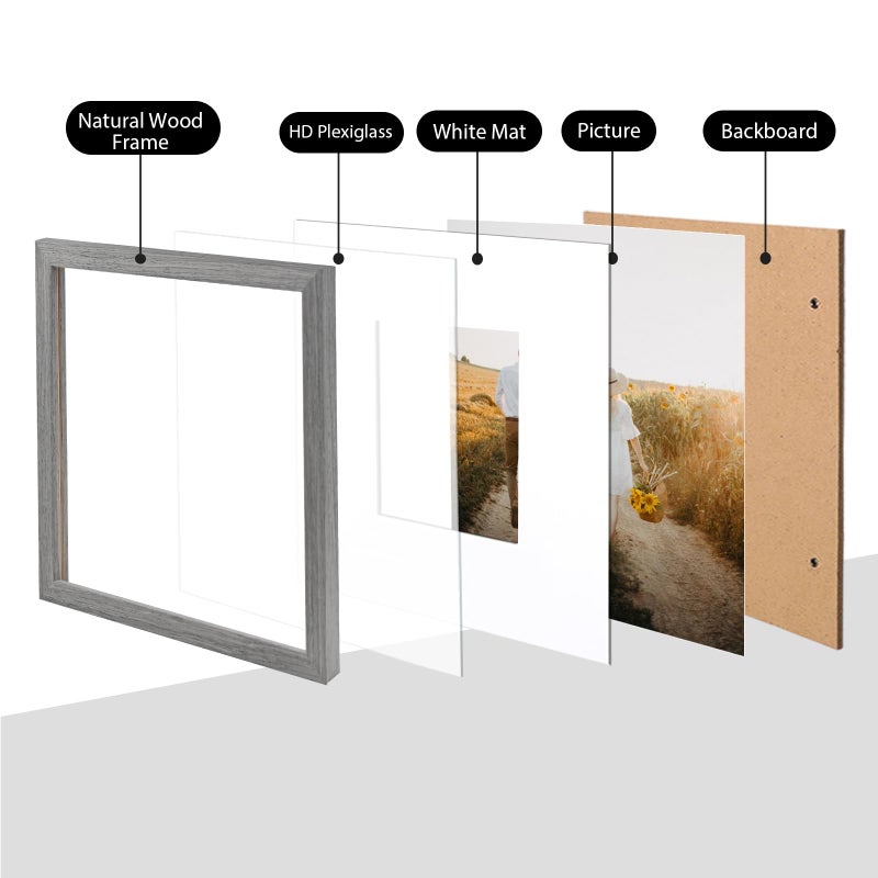 KINLINK Square 9x9 Picture Frames Grey  Solid Wood Frames with Acrylic Plexiglass for Pictures 7x7 With Mat Tabletop and Wall Mounting Display Frame Set of 4 - Image 3