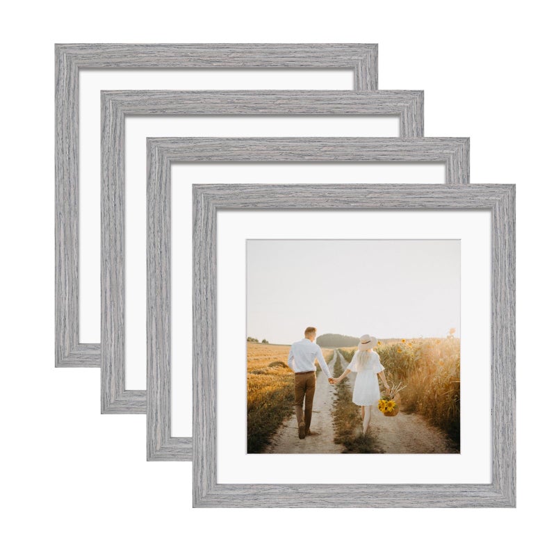 KINLINK Square 9x9 Picture Frames Grey  Solid Wood Frames with Acrylic Plexiglass for Pictures 7x7 With Mat Tabletop and Wall Mounting Display Frame Set of 4 - Image 1