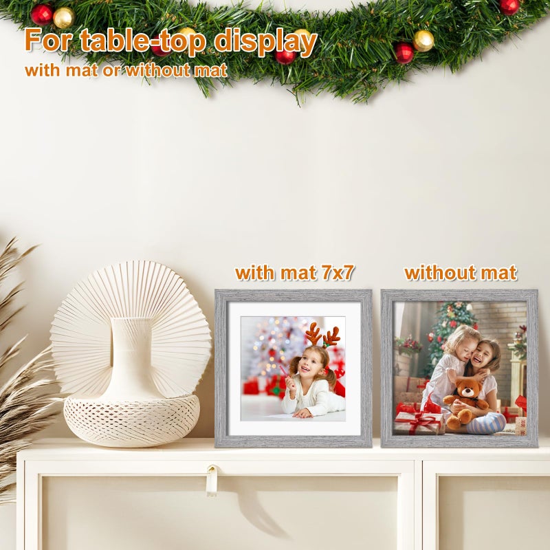 KINLINK Square 9x9 Picture Frames Grey  Solid Wood Frames with Acrylic Plexiglass for Pictures 7x7 With Mat Tabletop and Wall Mounting Display Frame Set of 4 - Image 5