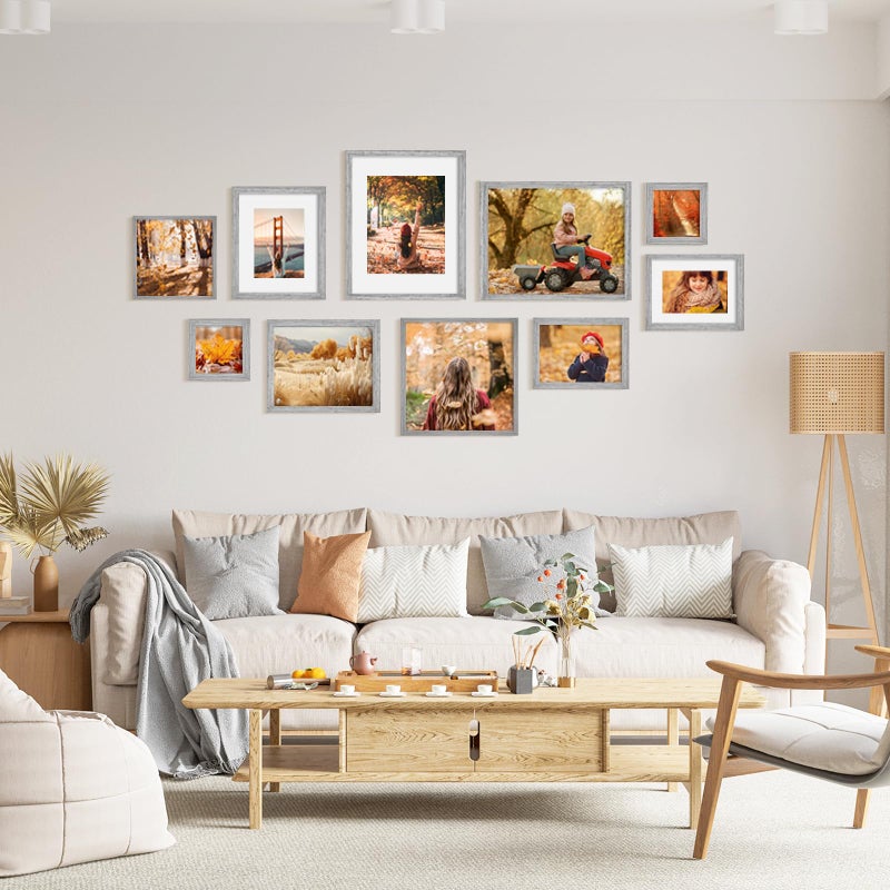 KINLINK Square 9x9 Picture Frames Grey  Solid Wood Frames with Acrylic Plexiglass for Pictures 7x7 With Mat Tabletop and Wall Mounting Display Frame Set of 4 - Image 4