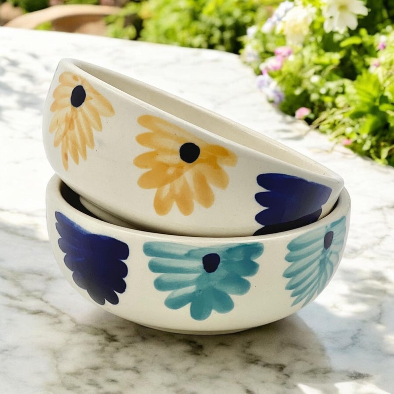 BACKKSPACE RETAIL Handmade & Hand-Painted Ceramic Blue Flower Bowls - Pack of 2, 500ml Capacity Each | Microwave Safe & Dishwasher-Friendly | Ideal for Fruit, Dessert, Snacks, Rice, and Soup - Image 1