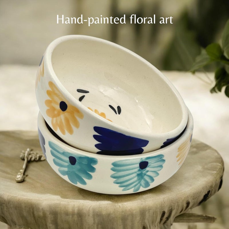 BACKKSPACE RETAIL Handmade & Hand-Painted Ceramic Blue Flower Bowls - Pack of 2, 500ml Capacity Each | Microwave Safe & Dishwasher-Friendly | Ideal for Fruit, Dessert, Snacks, Rice, and Soup - Image 3