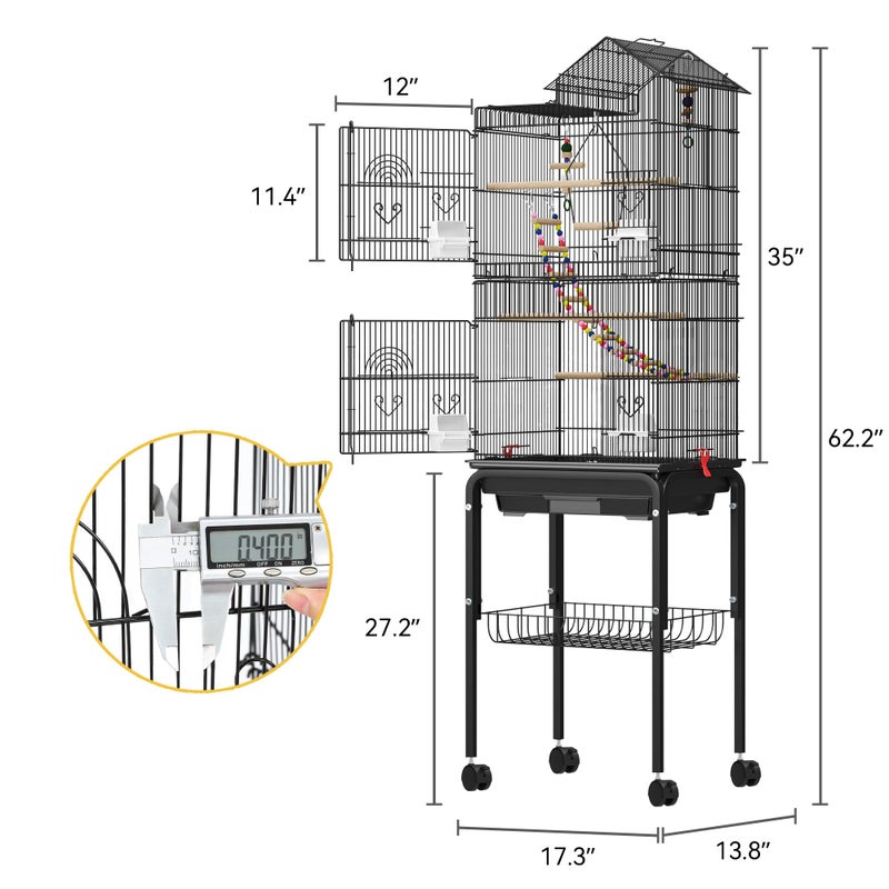 DWVO 62-inch Metal Bird Cage: Bird Cage Spacious for Cockatiels, Parrots, Pigeons, Lovebirds, Features Roof Access and Rolling Stand Black - Image 2