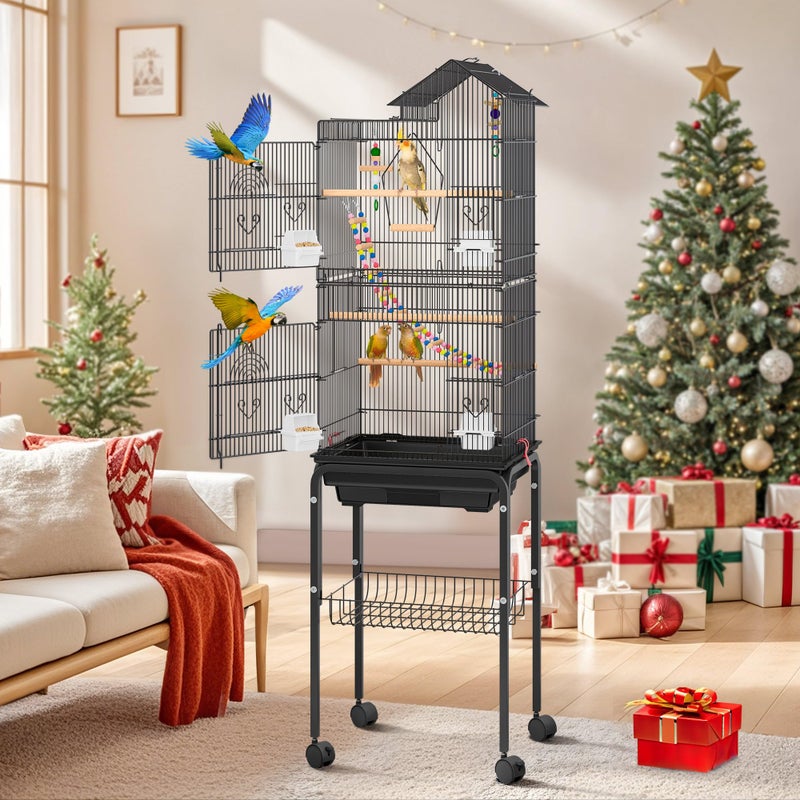 DWVO 62-inch Metal Bird Cage: Bird Cage Spacious for Cockatiels, Parrots, Pigeons, Lovebirds, Features Roof Access and Rolling Stand Black - Image 1