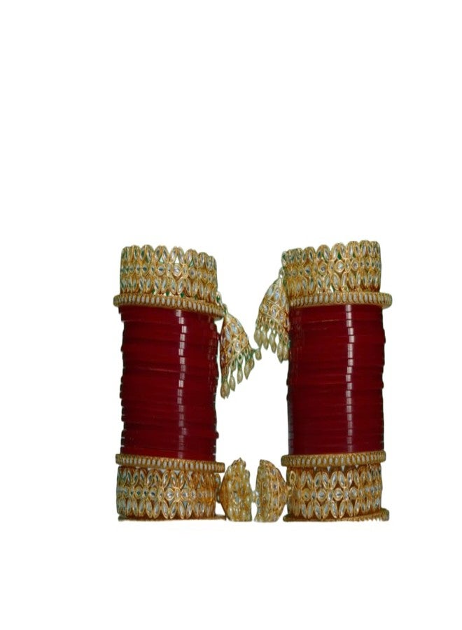 BANGLESKART طقم أساور تشودا البنجابية للعرائس من بانغلسكارت للنساء (طقم من قطعة واحدة) أساور عنابية اللون (2.4) - Image 1
