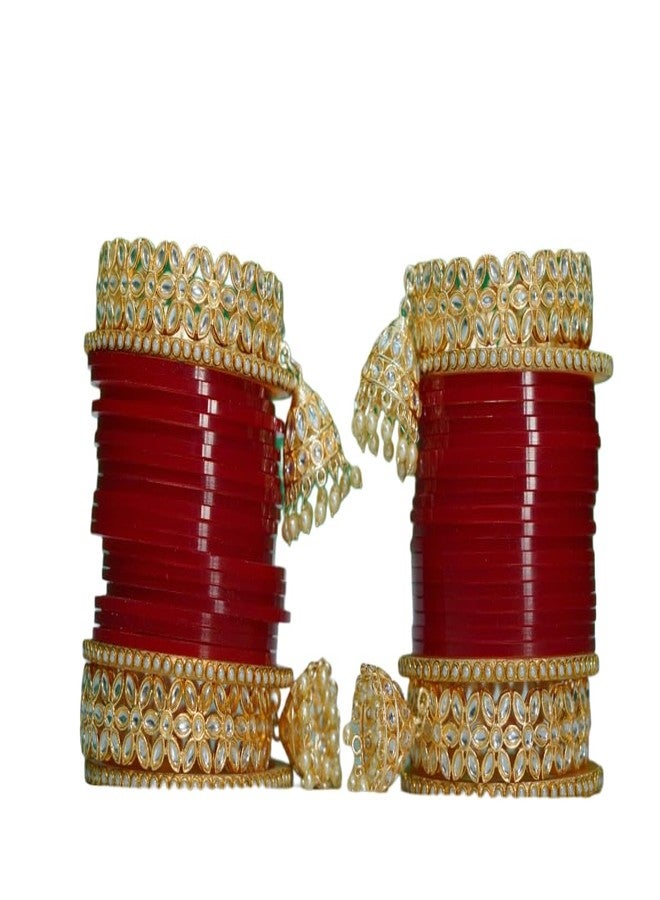BANGLESKART طقم أساور تشودا البنجابية للعرائس من بانغلسكارت للنساء (طقم من قطعة واحدة) أساور عنابية اللون (2.4) - Image 3