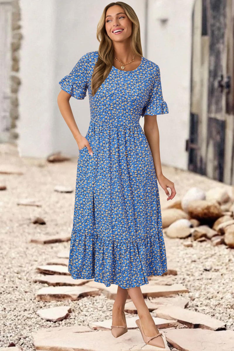 STYLEWORD Women's Summer 2025 Casual Short Sleeve Tiered Flowy Spring Dress Long Midi Beach Sundress Vacation Outfits(Floral09,XL) - Image 3