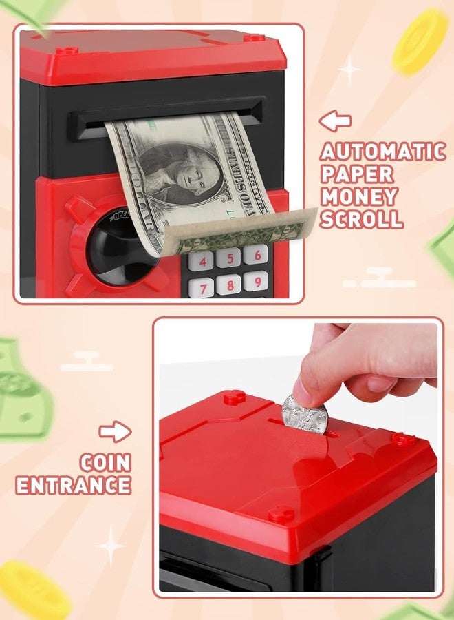 PLAYSHEEK Piggy Bank for Girls Boys Large Electronic Money Coin Banks with Password Protection, Automatic Paper Money Scroll Saving Box, Great Gift for Kids (Black-Red) - Image 2