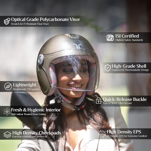 TVARRA Lotus Women’s Open Face Helmet with Printed Design, ISI Certified, Lightweight Material, Crafted for Women, Extreme Comfort fit with Clear Visor(Champagne Gold,M) - Image 2