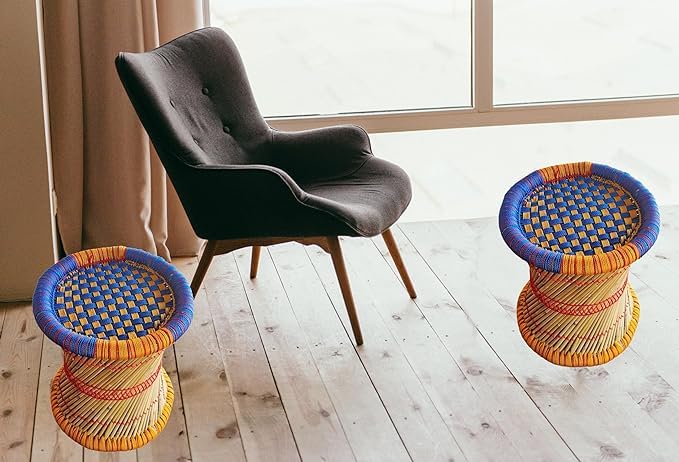 Pakshala Rajasthani Handmade Cane Bar Bamboo Chair Stool IndoorOutdoor FurnishingsMuddhaOttamanStoolBamboo ChairColor Multicolored 2 Piece 2 - Image 2