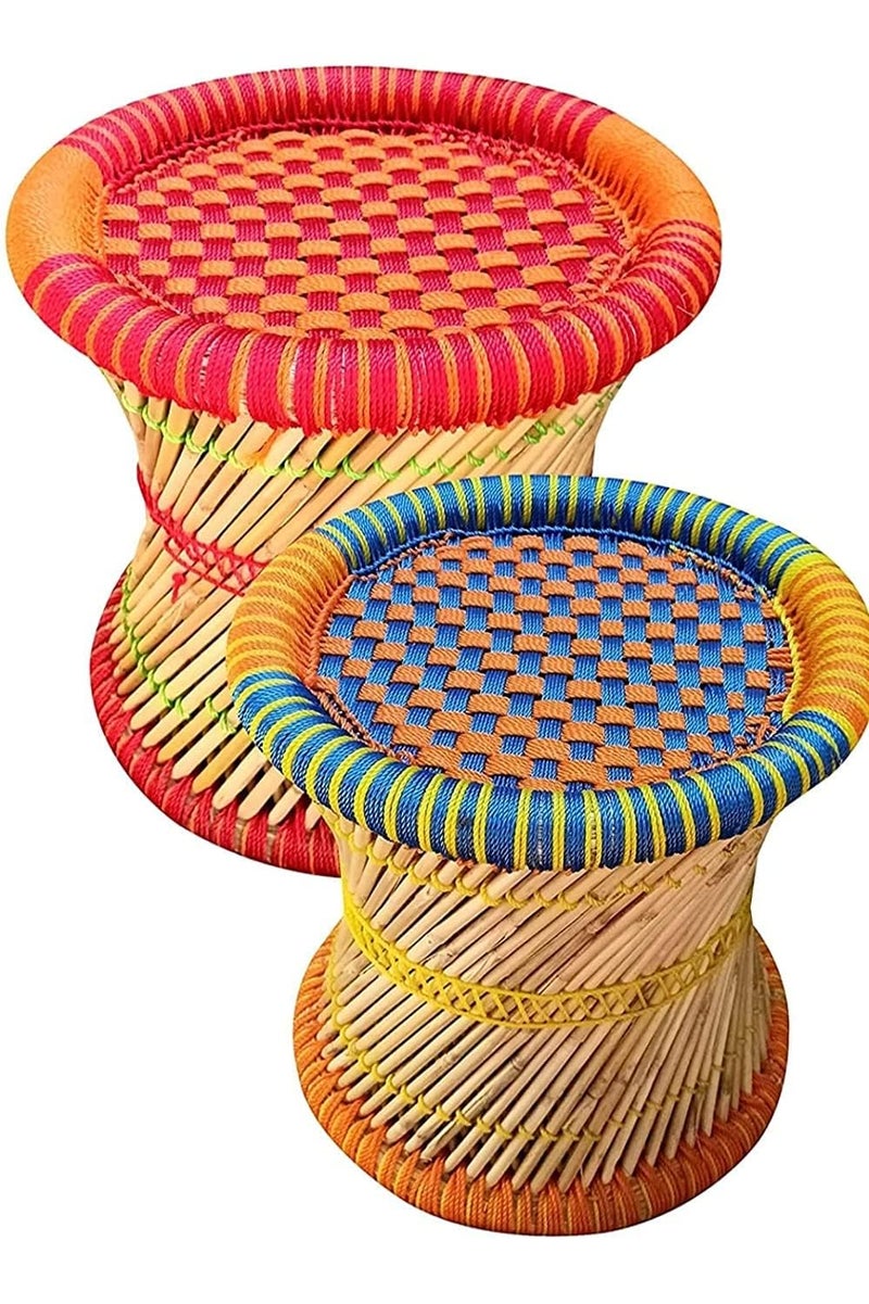 Pakshala Rajasthani Handmade Cane Bar Bamboo Chair Stool IndoorOutdoor FurnishingsMuddhaOttamanStoolBamboo ChairColor Multicolored 2 Piece 2 - Image 1