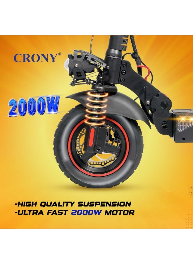 Crony T4 Fast Speed E-Scooter 2000W Motor 48v/13ah,10"Off-Road Tires,Smart Lock & App /up to 65 Km/H Max Speed,Dual Suspension/Hydraulic Disc Brakes E-Bike, Triple Led Headlamps,  App-Connected Smart Lock,All-Terrain, Easy Foldable, Portable Commuter Electric Scooter For Adults & Kids, 25kg Aluminum Frame 120kg Load Skateboard, Urban Mobility tool，No Seat - Image 3