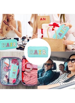 Nylon Cosmetic Bag Preppy Hair Makeup Bag for Women Travel Toiletry Organizer with Chenille Letter Patches (Mint-HAIR)