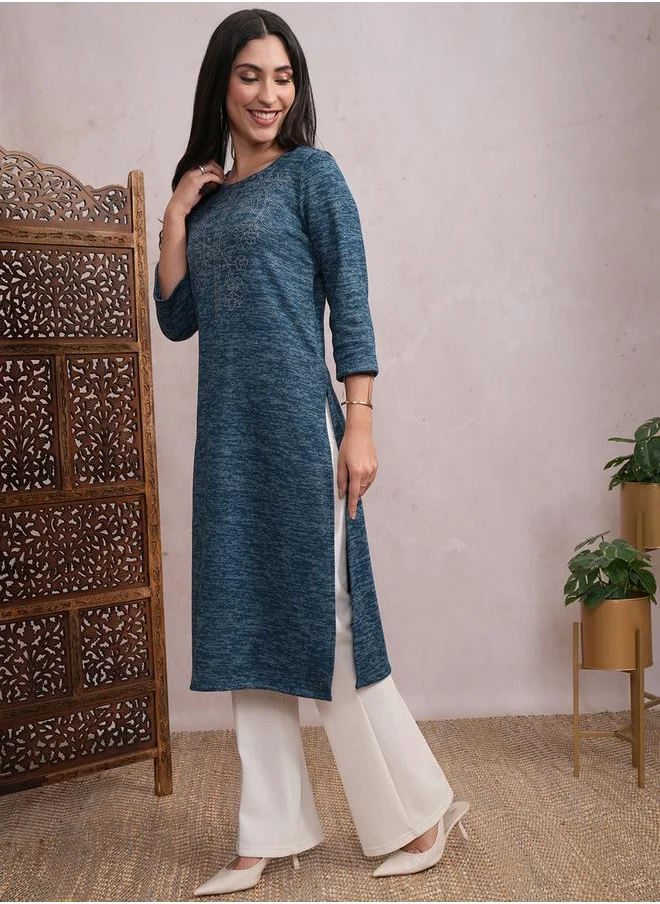 Vishudh Teal Blue Abstract Printed Sequined Straight Kurta by Styli
