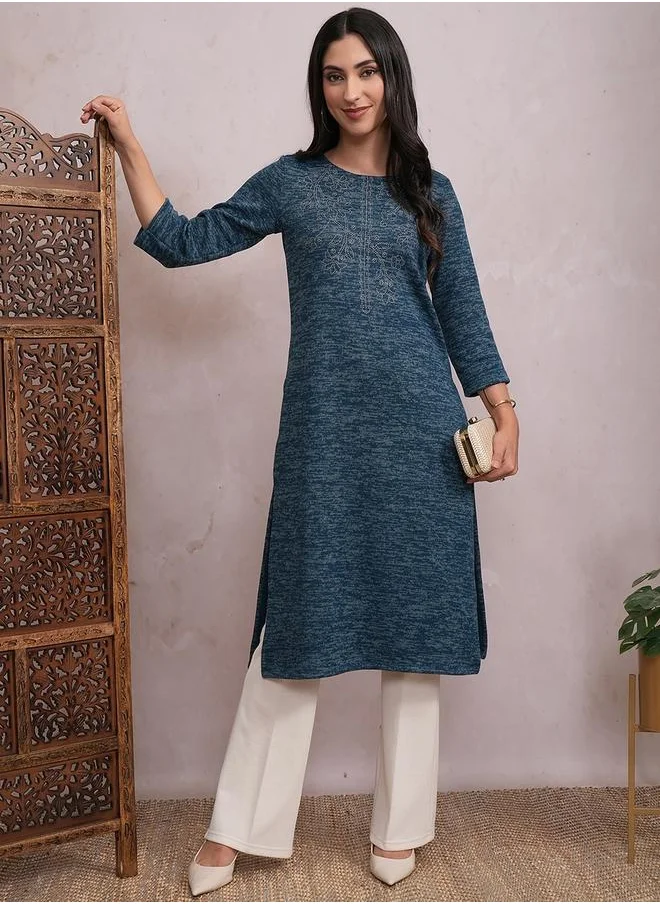 Vishudh Teal Blue Abstract Printed Sequined Straight Kurta by Styli