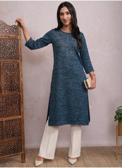 Vishudh Teal Blue Abstract Printed Sequined Straight Kurta  - Image 1