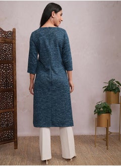 Vishudh Teal Blue Abstract Printed Sequined Straight Kurta  - Image 3