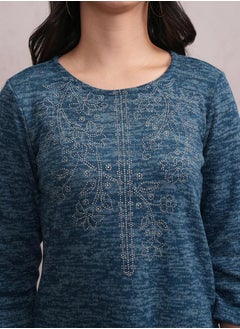 Vishudh Teal Blue Abstract Printed Sequined Straight Kurta  - Image 5