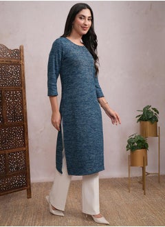 Vishudh Teal Blue Abstract Printed Sequined Straight Kurta  - Image 4
