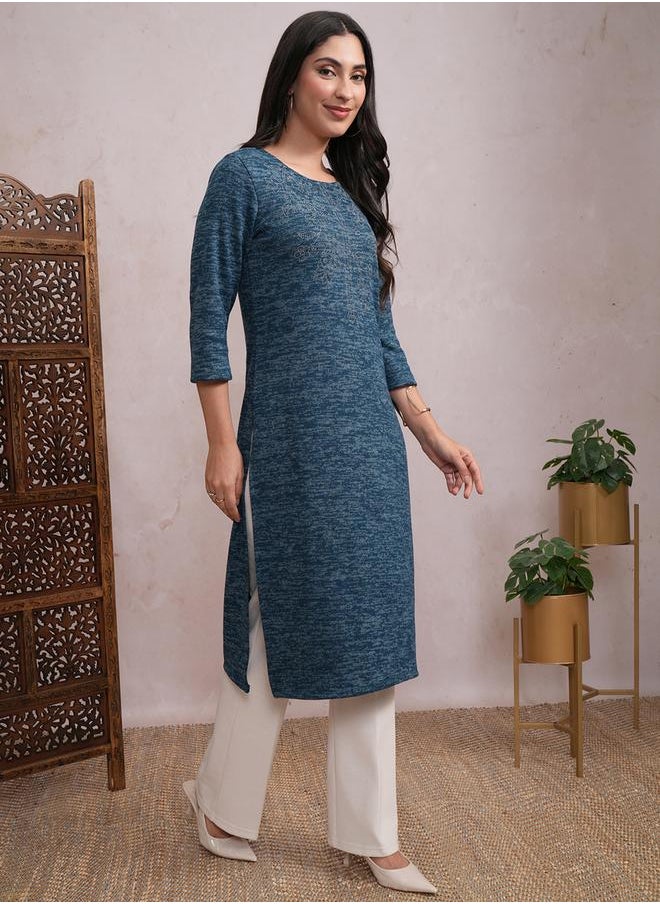 Vishudh Teal Blue Abstract Printed Sequined Straight Kurta by Styli  - Image 4