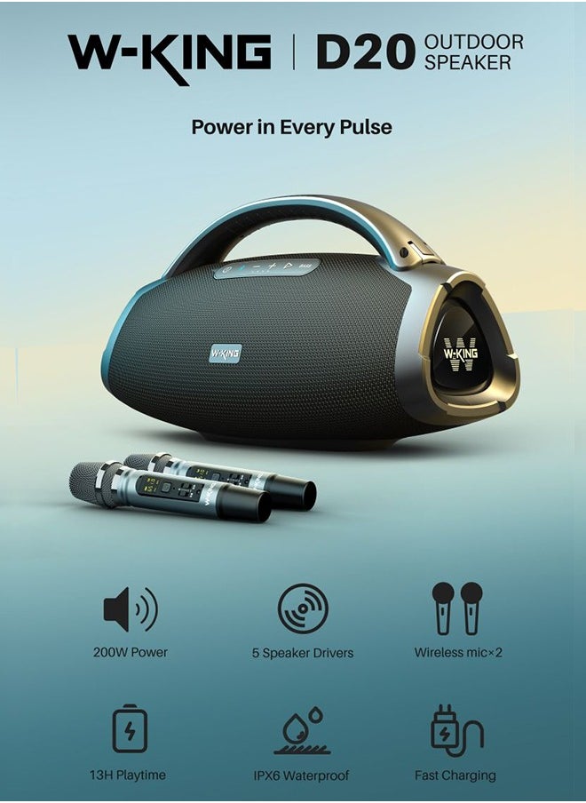 W-KING - Speaker Bluetooth Wireless Karaoke Portable 2 Mic Party Box 200W, Black - Image 1