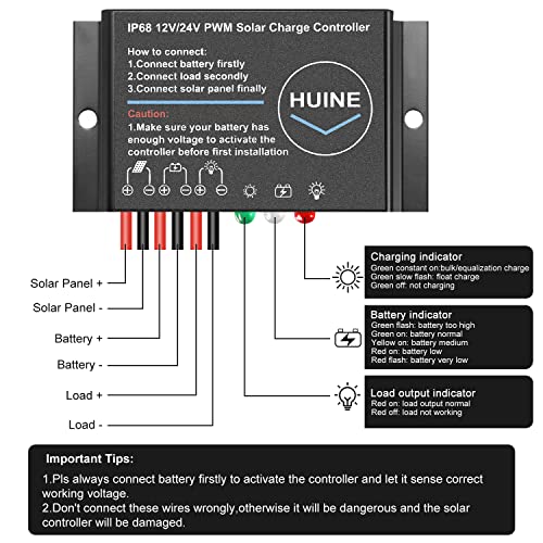 HUINE 20A 12V 24V Auto IP68 Waterproof PWM Solar Charge Controller Solar Panel Battery Intelligent Regulator for Solar System Caravan Boat(24 Hours Working Mode) - Image 2