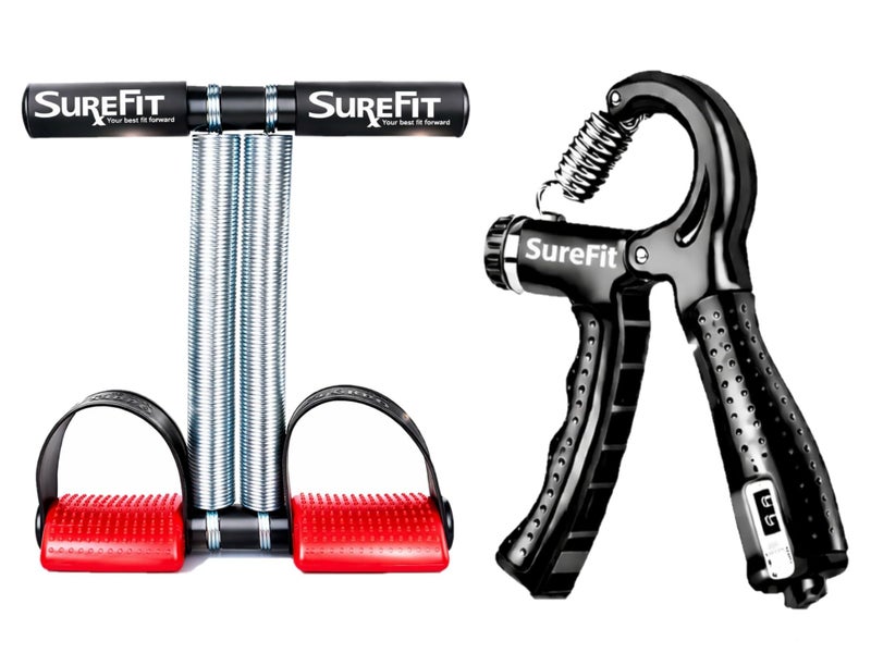 SUREFIT Double Spring Tummy Trimmer with Hand Grip Strengthener with Digital Counter (5-60 kg Adjustable) | Home Gym Equipment for Abs Workout, Belly Fat Loss, Chest Expander & Forearm Strength - Image 1