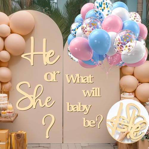 kokolap Large Wooden Gender Reveal Party Decor Backdrop Decals with 30 PCS Pink Blue Balloons He or She What Will Baby Be Balloon Arch Signs Colorable Boy or Girl Party Sticker Banner Baby Shower Photo Props - Image 1