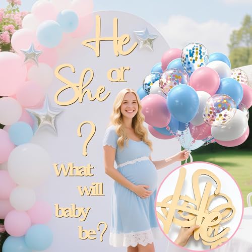 kokolap Large Wooden Gender Reveal Party Decor Backdrop Decals with 30 PCS Pink Blue Balloons He or She What Will Baby Be Balloon Arch Signs Colorable Boy or Girl Party Sticker Banner Baby Shower Photo Props - Image 3