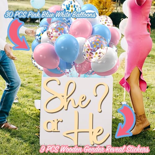 kokolap Large Wooden Gender Reveal Party Decor Backdrop Decals with 30 PCS Pink Blue Balloons He or She What Will Baby Be Balloon Arch Signs Colorable Boy or Girl Party Sticker Banner Baby Shower Photo Props - Image 2