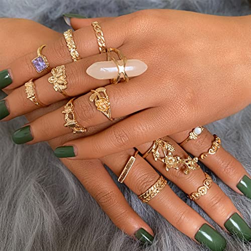 17mile 17 MILE 82 Pcs Vintage Gold Knuckle Rings Set for Women, Bohemian Stackable Joint Finger Rings, Retro Stone Crystal Stacking Midi Rings Pack (Gold) - Image 2