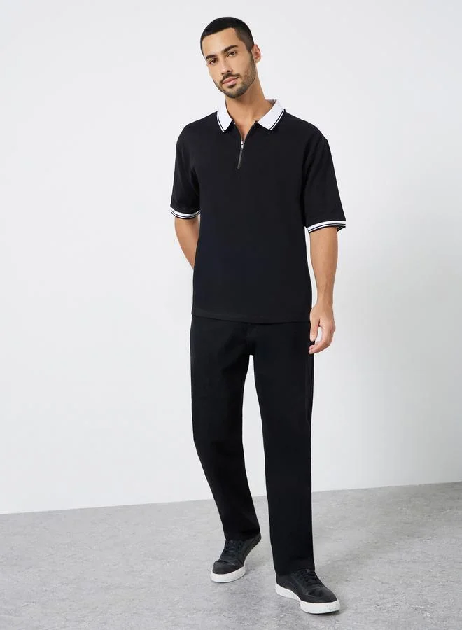 Styli Men Black Contrast Collar Zip Polo Shirt
