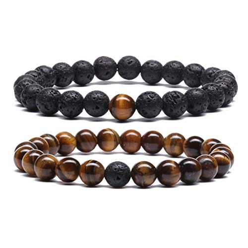 MengPa Mens Beaded Bracelets Couples Matching Bracelet Set Tiger Eye Lava Rock Beads for Women Stone Jewelry (Tiger Eye Brown) US4163F - Image 1