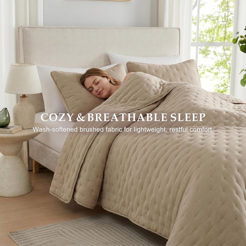 WDCOZY Beige Cloud Twin Size Quilt Set, Tan Lightweight Farmhouse Bedspread, Rustic Country Coverlet, Taupe Camel Soft Bedding, Thin Comforter for All Season - 2 Pieces, 68x90 inches - Image 2