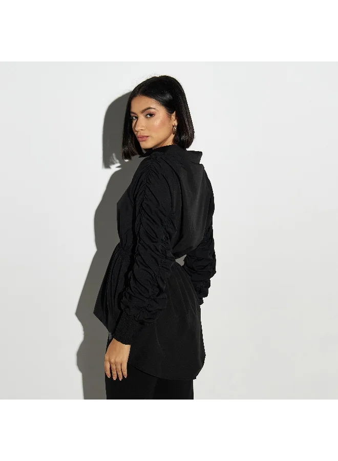 2Xtremz 2Xtremz Collared Top with Elasticated Waist and Long Ruched Sleeves