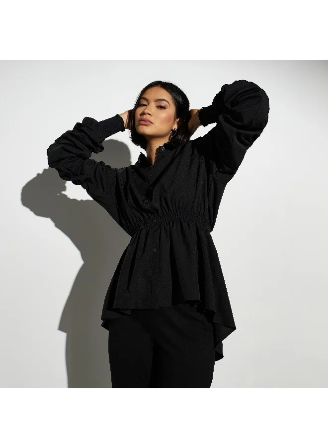 2Xtremz 2Xtremz Collared Top with Elasticated Waist and Long Ruched Sleeves