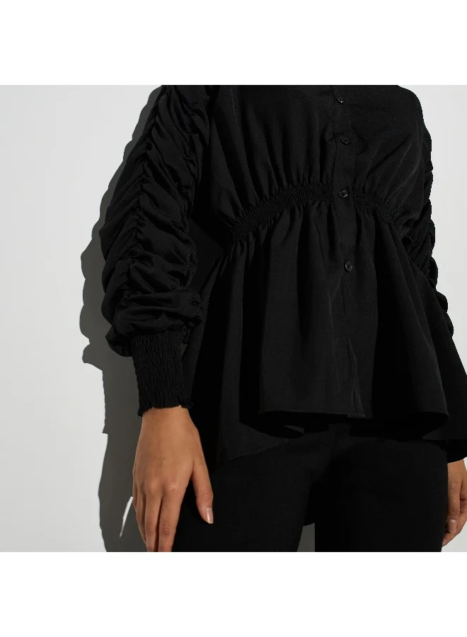 2Xtremz 2Xtremz Collared Top with Elasticated Waist and Long Ruched Sleeves