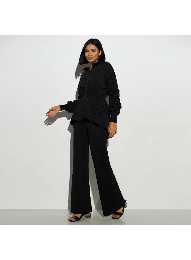 2Xtremz 2Xtremz Collared Top with Elasticated Waist and Long Ruched Sleeves