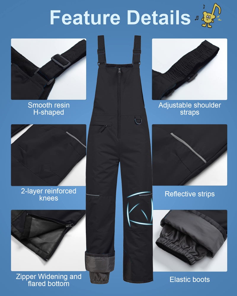 Pursky Boy's Waterproof Ski Bibs Warm Snow Pants Snowboarding Overall Insulated Outdoor Jumpsuit Kids Snow Bibs Girls Snowpants Youth Husky Ski Pants Snowbibs Black 8 - Image 5