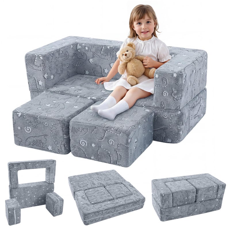 MeMoreCool Dinosaur Glow Foam Kids Play Couch Set, Gray Modular Sofa & Lounger â€“ Glow-After-Light Dinosaur Pattern, Machine-Washable Cover - Image 1