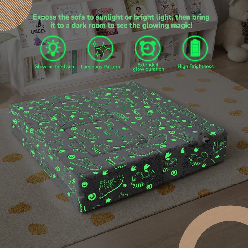 MeMoreCool Dinosaur Glow Foam Kids Play Couch Set, Gray Modular Sofa & Lounger â€“ Glow-After-Light Dinosaur Pattern, Machine-Washable Cover - Image 4