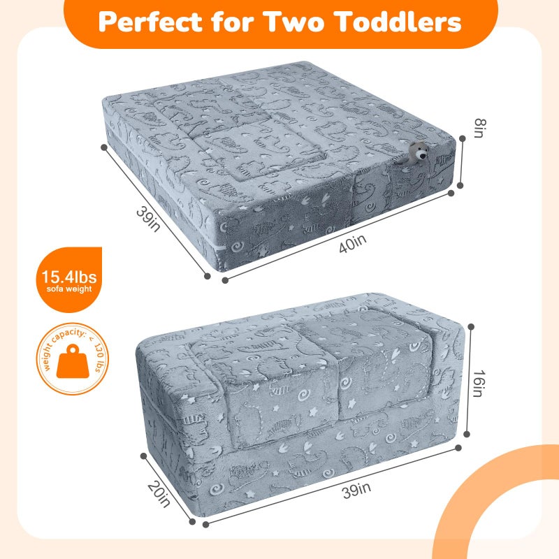 MeMoreCool Dinosaur Glow Foam Kids Play Couch Set, Gray Modular Sofa & Lounger â€“ Glow-After-Light Dinosaur Pattern, Machine-Washable Cover - Image 5