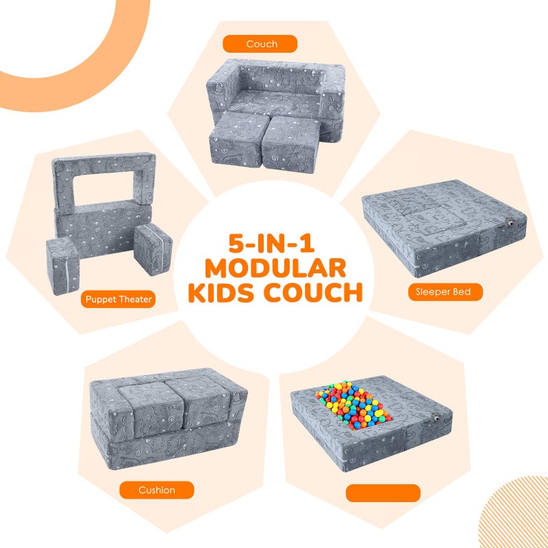 MeMoreCool Dinosaur Glow Foam Kids Play Couch Set, Gray Modular Sofa & Lounger â€“ Glow-After-Light Dinosaur Pattern, Machine-Washable Cover - Image 2