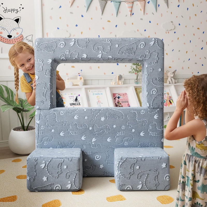 MeMoreCool Dinosaur Glow Foam Kids Play Couch Set, Gray Modular Sofa & Lounger â€“ Glow-After-Light Dinosaur Pattern, Machine-Washable Cover - Image 3