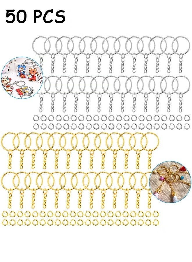 50 PCS Keyring Rings Split Key Ring with Chain and Jump Metal Open Round Kit for Keychain Art Crafts Golden and Silver - Image 1